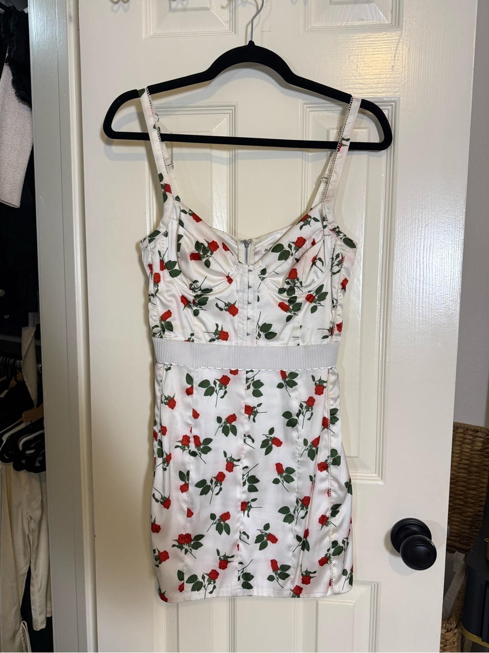 For Love & Lemons White Satin Mini Dress with Red Rose Print